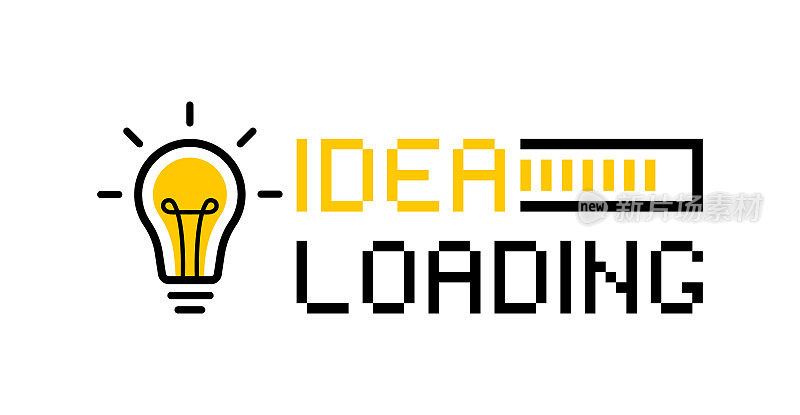 Idea loading concept with light bulb和loading bar。伟大的想法，创新和创造力。像素风格的图形设计。矢量图